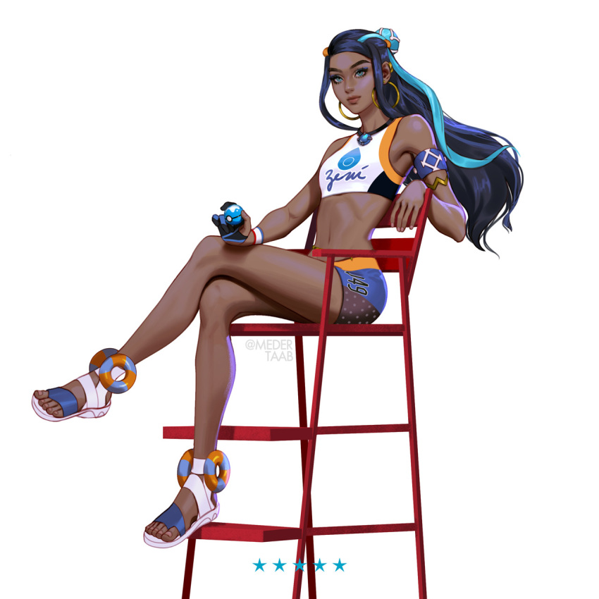 1girl armband armlet bike_shorts blue_eyes blue_hair breasts chair commentary crossed_legs dark_skin earrings english_commentary hair_bun highres holding holding_poke_ball hoop_earrings jewelry long_legs medertaab midriff multicolored_hair navel nose poke_ball pokemon pokemon_(game) pokemon_swsh realistic rurina_(pokemon) sandals sitting small_breasts solo streaked_hair toes toned twitter_username two-tone_hair very_dark_skin white_background