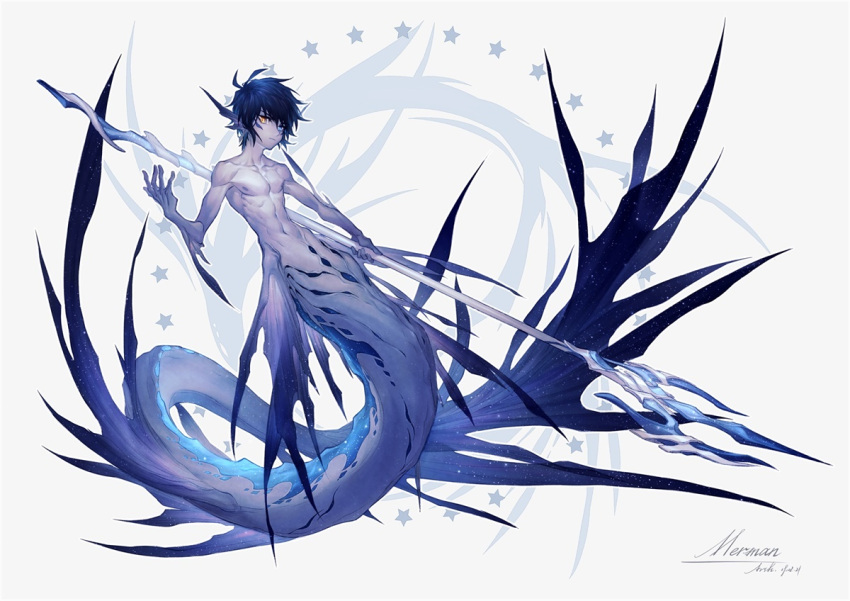 1boy arsh_(thestarwish) artist_name black_hair closed_mouth dated fins gills grey_background heterochromia holding holding_weapon looking_at_viewer male_focus merman monster_boy navel nipples original pale_skin polearm simple_background solo star toned toned_male trident weapon