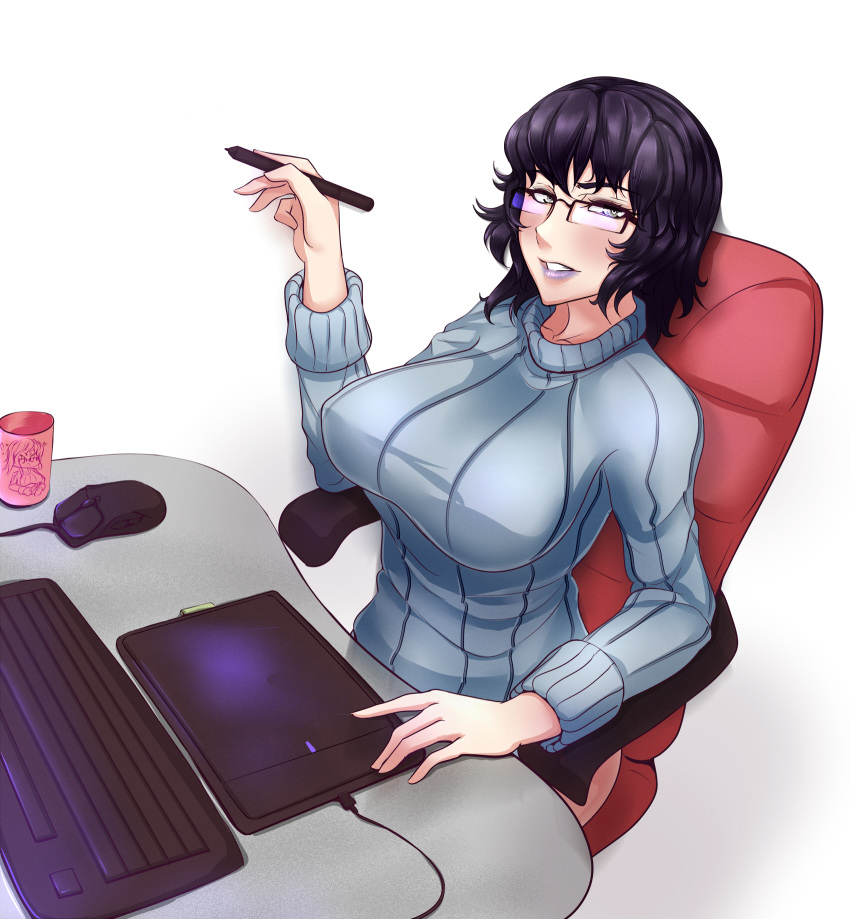 1girl breasts chair drawing_tablet glasses grey_eyes highres large_breasts lipstick looking_at_viewer makeup mangaka mouse_(computer) nofuture original purple_hair ribbed_sweater short_hair simple_background sitting solo sweater wacom white_background