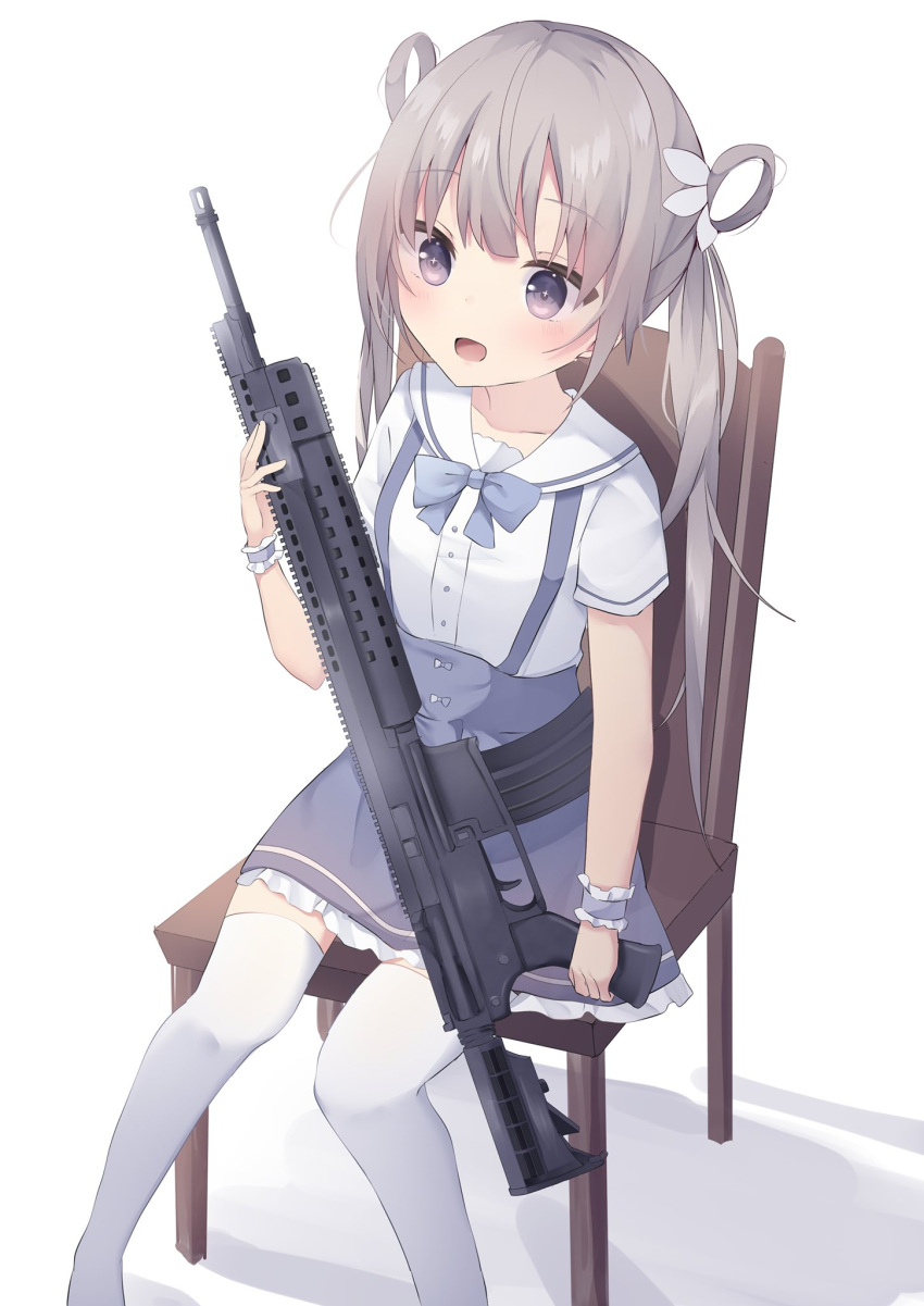 +_+ 1girl :d bangs blue_bow blue_skirt blush bow brown_hair chair collarbone commentary_request dress_shirt eyebrows_visible_through_hair feet_out_of_frame frilled_skirt frills gun hair_between_eyes hair_ornament hair_rings highres holding holding_gun holding_weapon long_hair looking_away no_shoes on_chair open_mouth original rifle sailor_collar shadow shirt short_sleeves sitting skirt smile solo suspender_skirt suspenders thigh-highs tsuruse twintails very_long_hair violet_eyes weapon weapon_request white_background white_legwear white_sailor_collar white_shirt wrist_cuffs