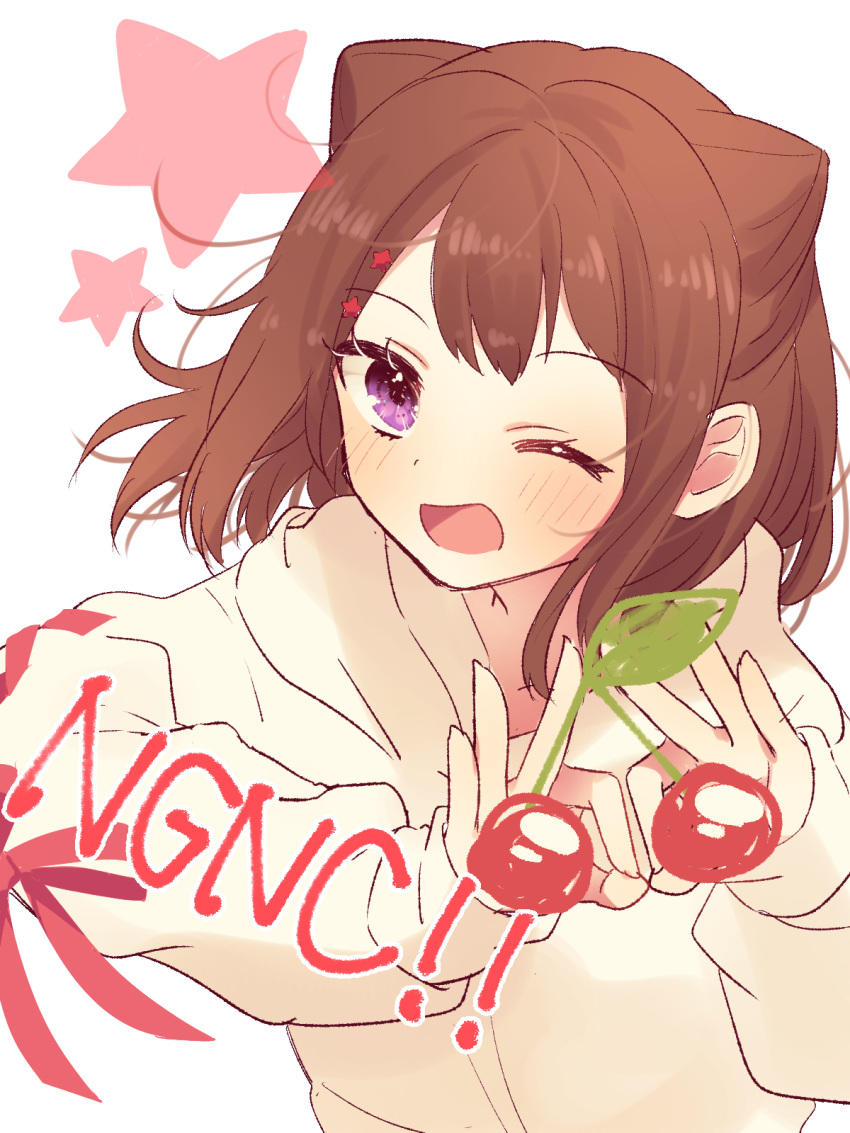1girl ;d bang_dream! bangs blush brown_hair cherry commentary_request food fruit gesture hair_ornament highres hinakano_h hood hood_down long_sleeves looking_at_viewer one_eye_closed open_mouth red_ribbon ribbon short_hair sleeve_ribbon smile solo star star_hair_ornament toyama_kasumi upper_body violet_eyes white_background white_hoodie