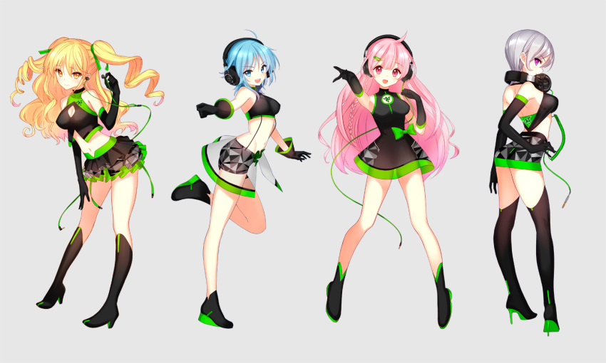 4girls :d ahoge ass bangs bare_shoulders black_dress black_footwear black_gloves black_legwear black_shirt black_skirt blonde_hair blue_eyes blue_hair blush boots braid breasts cable closed_mouth commentary_request crop_top dress earphones earphones elbow_gloves eyebrows_visible_through_hair gloves green_ribbon grey_background grey_shorts grey_skirt groin hair_between_eyes hair_ornament hair_ribbon hairclip hand_on_own_thigh high_heel_boots high_heels holding_earphone knee_boots long_hair medium_breasts midriff multiple_girls navel open_mouth original outstretched_arm pink_hair pleated_skirt razer red_eyes ribbon see-through see-through_silhouette shirt short_dress short_hair short_shorts shorts silver_hair simple_background single_braid skirt sleeveless sleeveless_dress sleeveless_shirt smile standing standing_on_one_leg thigh-highs thigh_boots tsukigami_runa two_side_up very_long_hair violet_eyes