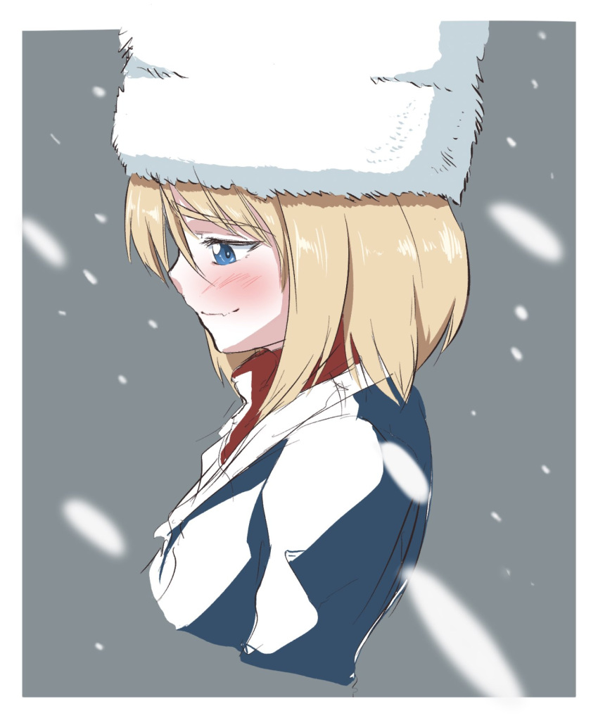 1girl bangs blonde_hair blue_eyes blue_jacket blush closed_mouth commentary cropped_torso enikuma eyebrows_visible_through_hair fang from_side fur_hat girls_und_panzer half-closed_eyes hat highres jacket katyusha long_hair portrait red_shirt shirt short_hair skin_fang skindentation smile snow ushanka white_headwear