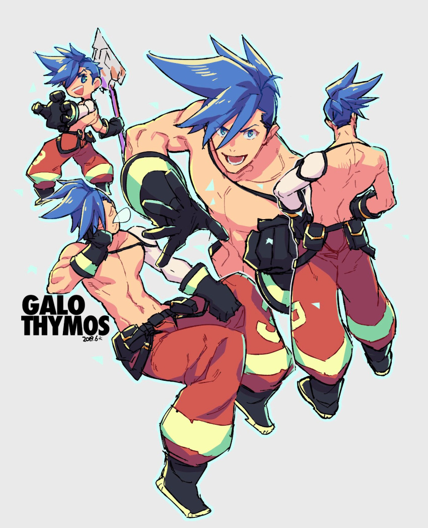 1boy aruzanganz back blue_hair chest chibi galo_thymos gloves highres looking_at_viewer male_focus open_mouth polearm promare prosthesis prosthetic_arm shirtless sleeping sleeping_upright smile spear spiky_hair weapon