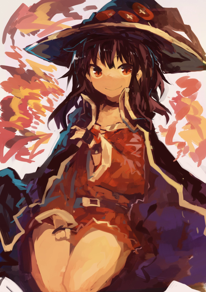 1girl absurdres bangs belt black_hair cape commentary cowboy dress fingerless_gloves gloves hair_between_eyes hat highres kaamin_(mariarose753) kono_subarashii_sekai_ni_shukufuku_wo! looking_at_viewer megumin red_dress red_eyes short_hair smile solo thighs western witch_hat