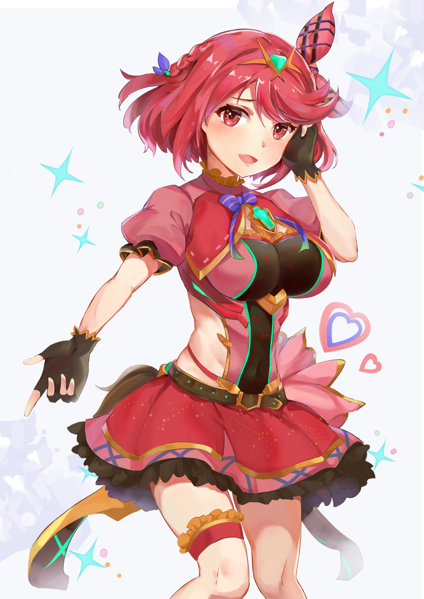 1girl :d alternate_costume bangs blush bow bowtie breasts collar covered_navel fingerless_gloves frilled_collar frilled_skirt frills gem gloves grey_background hair_ornament hand_up headpiece heart highres pyra_(xenoblade) jewelry kiiro_kimi large_breasts magical_girl miniskirt open_mouth red_eyes red_skirt redhead short_hair skirt smile solo sparkle striped striped_neckwear swept_bangs thigh_strap thighs tiara xenoblade_(series) xenoblade_2