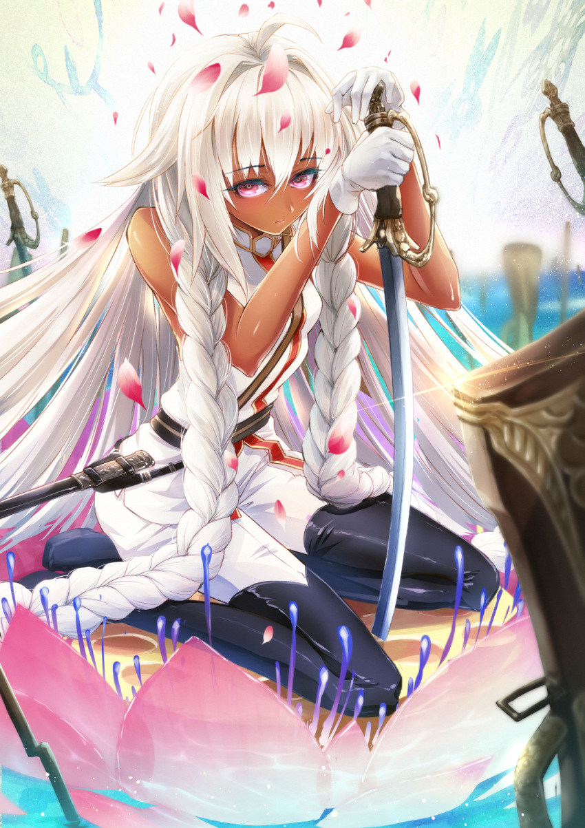 1girl ahoge backless_outfit bangs bare_shoulders braid breasts closed_mouth cluseller dark_skin fate/grand_order fate_(series) flower full_body gloves gun hand_on_hilt hand_on_sword highres holding holding_weapon lakshmibai_(fate/grand_order) long_hair red_eyes rifle solo sword weapon white_hair