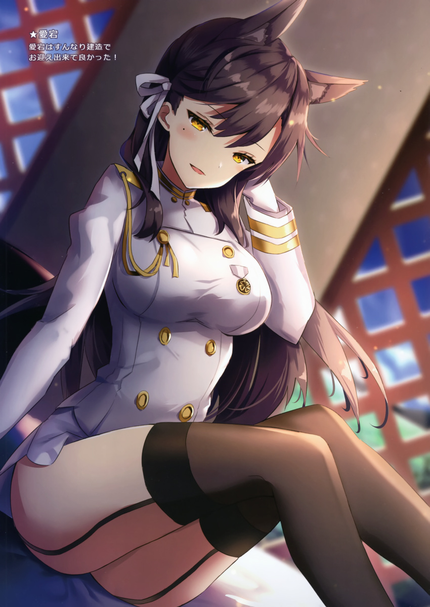 1girl absurdres animal_ears arm_support ass atago_(azur_lane) azur_lane bangs black_hair black_legwear blue_sky blush breasts brown_eyes clouds day extra_ears eyebrows_visible_through_hair gloves hair_ribbon hand_behind_head hand_on_own_head highres indoors jacket knees_up large_breasts light_particles long_hair looking_at_viewer medal military military_uniform miniskirt mole mole_under_eye non_(nobu) open_mouth ribbon scan sidelocks sitting skirt sky smile solo swept_bangs thigh-highs thighs uniform white_jacket white_ribbon white_skirt