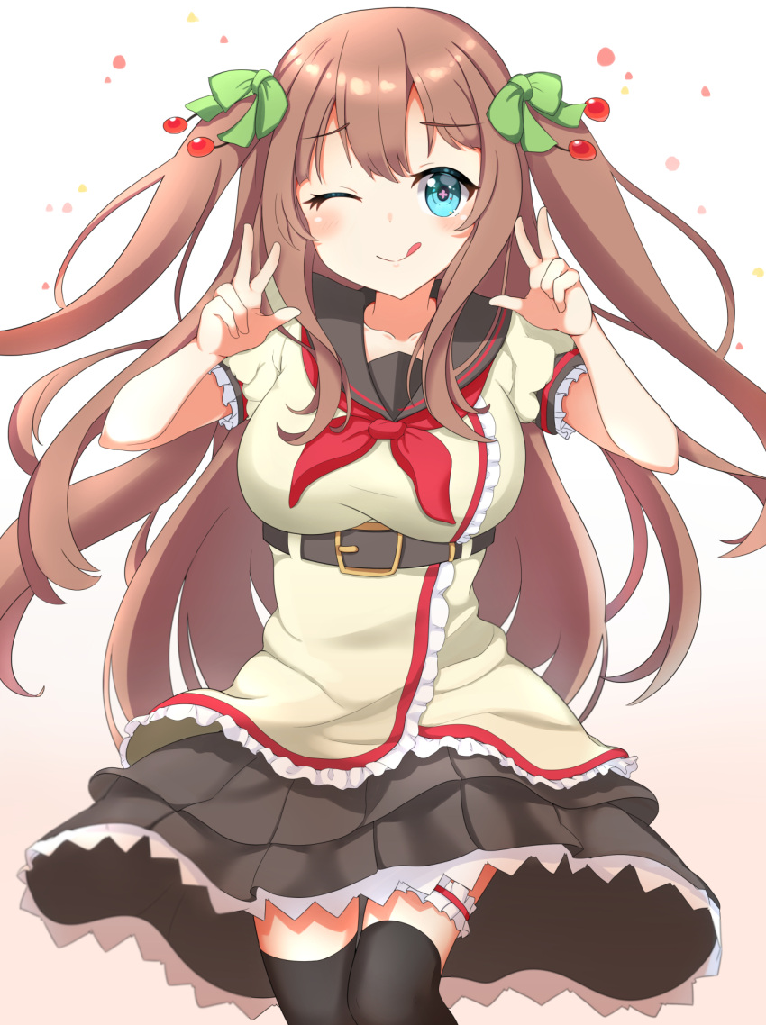 .live 1girl :p belt blue_eyes blush breasts brown_hair collarbone commentary_request double_v hair_between_eyes hair_ribbon highres kakyouin_chieri kogetsu_azami large_breasts looking_at_viewer one_eye_closed ribbon simple_background solo thigh-highs tongue tongue_out twintails two_side_up v virtual_youtuber