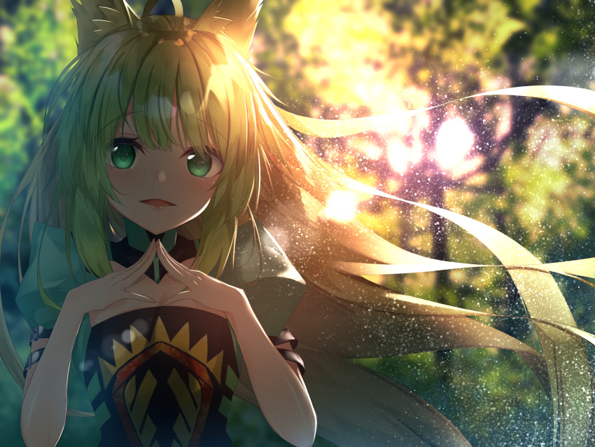 1girl ahoge animal_ear_fluff animal_ears arm_belt atalanta_(fate) backlighting bangs belt belt_buckle black_belt blurry blurry_background blush breasts buckle cat_ears commentary_request depth_of_field dress eyebrows_visible_through_hair fate/apocrypha fate_(series) fingernails floating_hair green_dress green_eyes green_hair hair_between_eyes hands_up highres light_brown_hair long_hair looking_at_viewer multicolored_hair open_mouth puffy_short_sleeves puffy_sleeves short_sleeves small_breasts solo steepled_fingers suisen-21 two-tone_hair upper_body very_long_hair