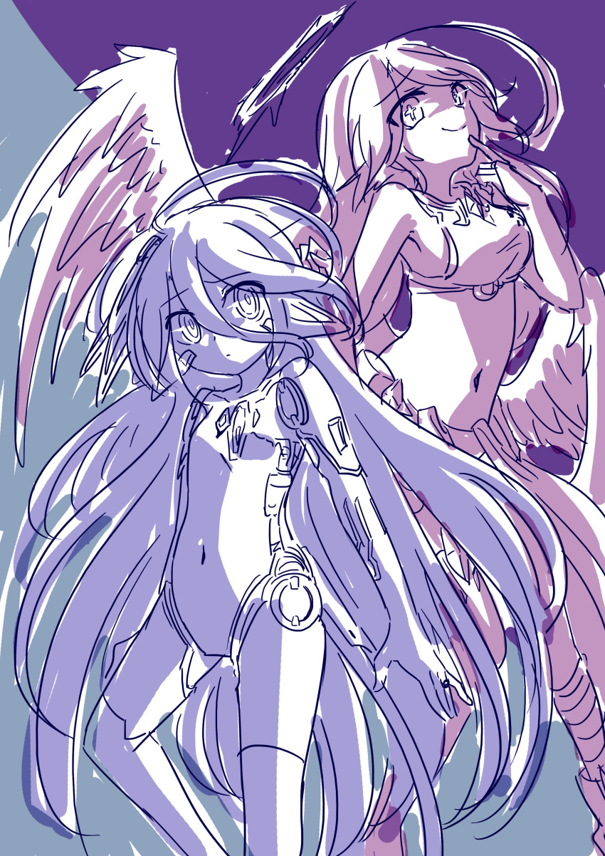 2girls absurdres android angel_wings breasts bridal_gauntlets closed_mouth crop_top cross feathered_wings hair_between_eyes halo highres jibril_(no_game_no_life) large_breasts long_hair low_wings magic_circle mechanical_parts midriff mismatched_legwear multiple_girls navel no_game_no_life shuvi_(no_game_no_life) sketch smile symbol-shaped_pupils very_long_hair wing_ears wings yuiti43