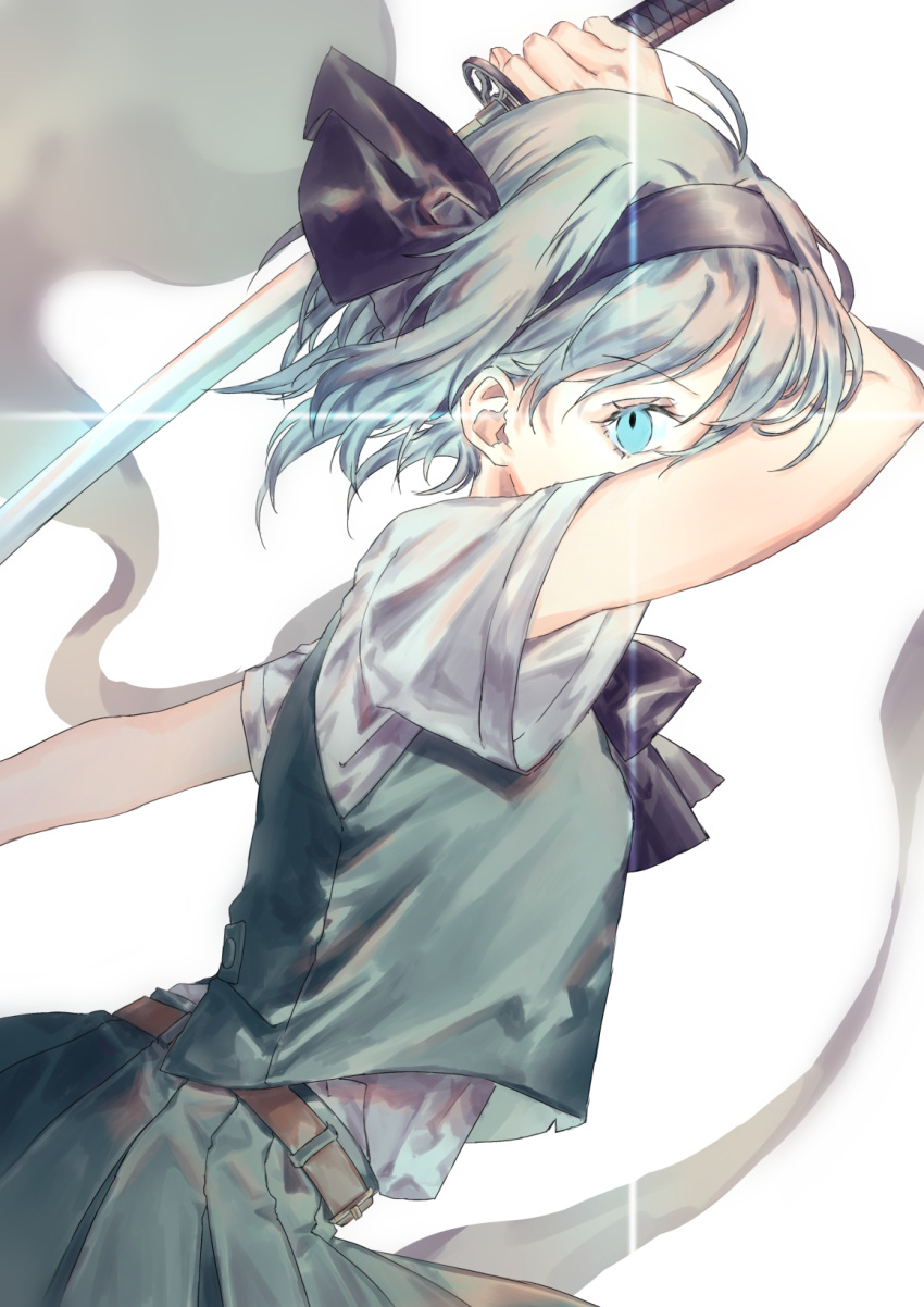 ama_asagi belt blue_eyes eyebrows_visible_through_hair green_skirt green_vest hair_ribbon hairband highres katana konpaku_youmu konpaku_youmu_(ghost) plaid plaid_skirt ribbon shirt short_hair skirt sparkle swing sword touhou unsheathed vest weapon white_background