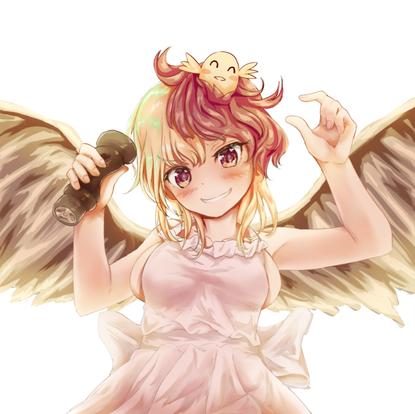 1girl alternate_costume animal animal_on_head apron armpits arms_up bird bird_wings blonde_hair blush breasts chick commentary_request cowboy_shot feathered_wings fingernails grin head_tilt holding kerotsupii_deisuku looking_at_viewer medium_breasts multicolored_hair naked_apron niwatari_kutaka on_head pepper_shaker redhead sideboob simple_background smile solo standing touhou two-tone_hair white_background wings yellow_eyes
