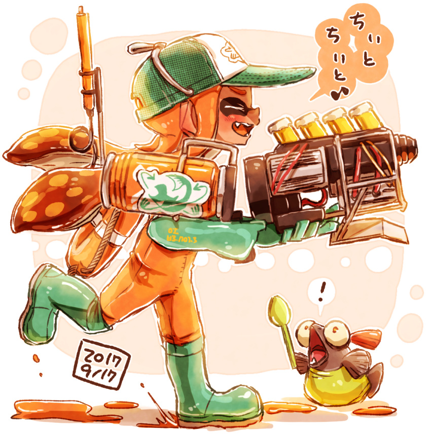 ! 1girl bangs baseball_cap blunt_bangs boots check_translation closed_eyes commentary dated eighth_note fangs gloves green_footwear green_gloves green_headwear grizco_blaster_(splatoon) harutarou_(orion_3boshi) hat holding holding_weapon inkling lifebuoy logo long_hair musical_note open_mouth orange_hair orange_overalls overalls paint_splatter pointy_ears print_hat rubber_boots rubber_gloves running salmon_run salmonid smile solo splatoon_(series) splatoon_2 spoken_exclamation_mark tentacle_hair translated weapon