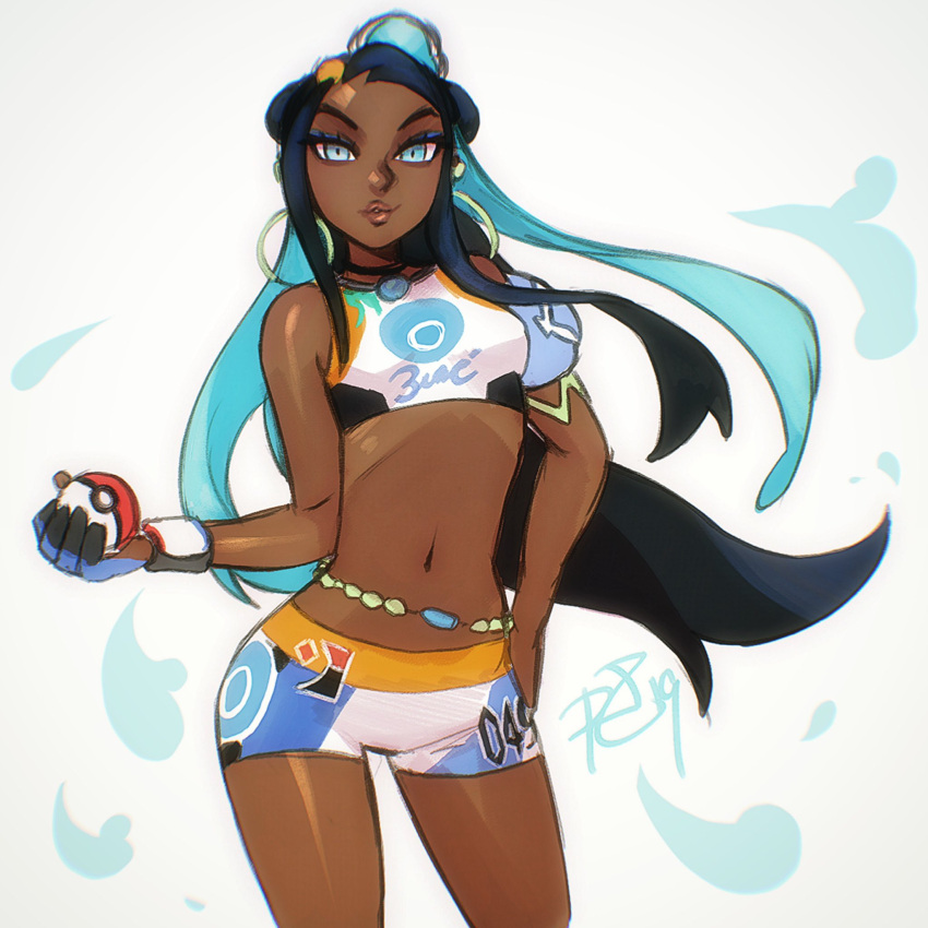 1girl aqua_hair belly_chain black_hair blue_eyes breasts bun_cover commentary contrapposto dark_skin ear_piercing earrings english_commentary facing_viewer gloves hair_bun hand_on_hip highres holding holding_poke_ball hoop_earrings jewelry lips long_hair looking_at_viewer navel necklace piercing poke_ball poke_ball_(generic) pokemon pokemon_(game) pokemon_swsh robert_porter rurina_(pokemon) single_glove small_breasts solo standing