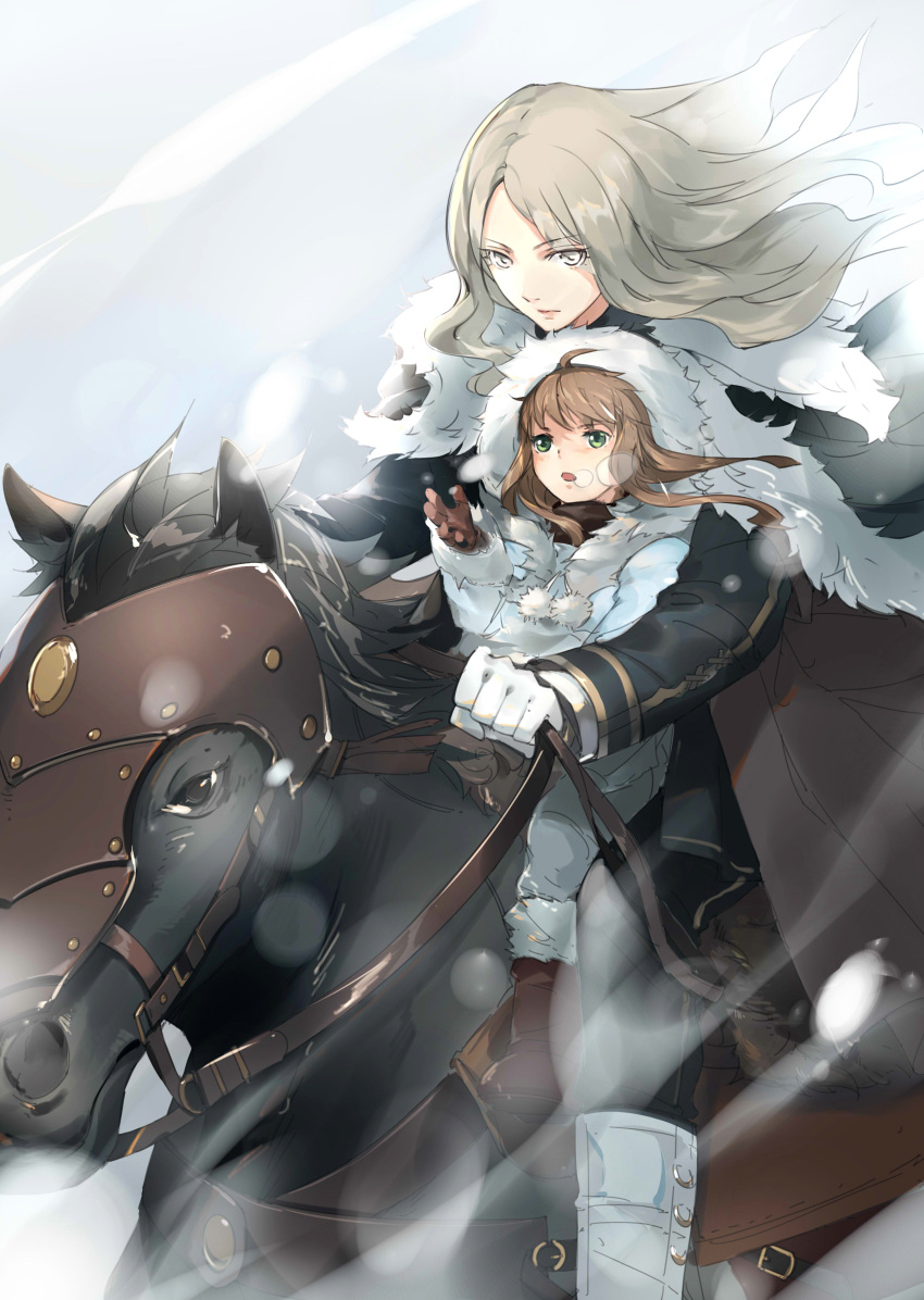 2girls absurdres animal_ears blonde_hair blush brown_gloves brown_hair clare_(claymore) claymore fur_trim gloves green_eyes grey_eyes highres holding_reins horse horse_ears horseback_riding kumako_(pixiv4171671) long_hair multiple_girls open_mouth reins riding teresa_(claymore) white_background wind wind_lift