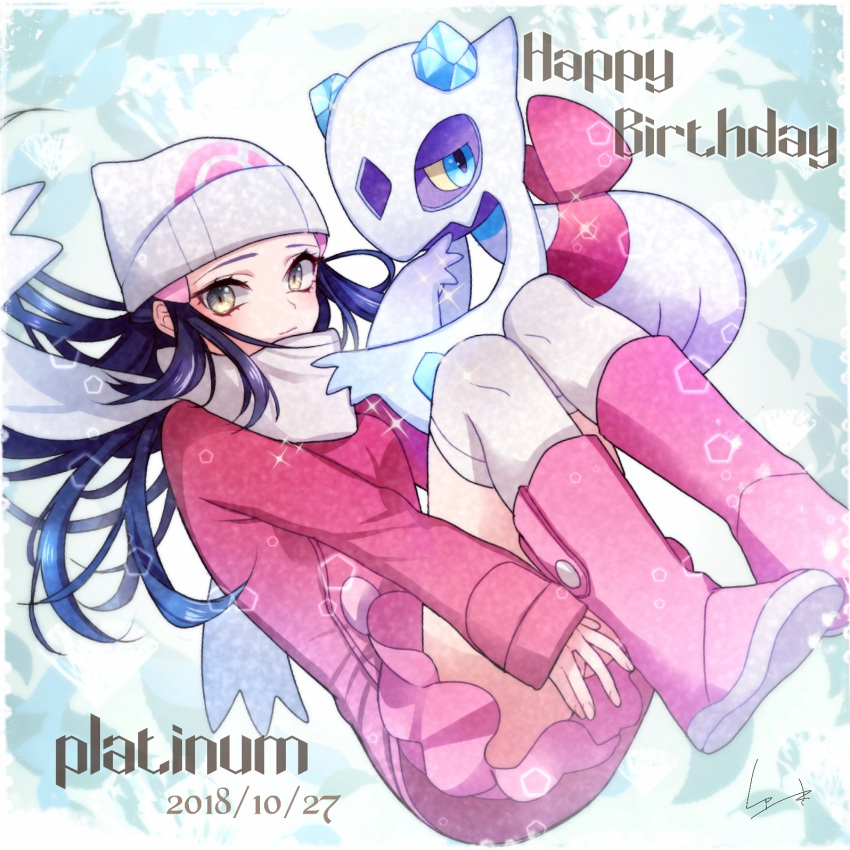 1girl 2018 black_hair boots closed_mouth coat dated floating_hair froslass grey_eyes happy_birthday hat highres hikari_(pokemon) kneehighs long_hair long_sleeves looking_at_viewer miniskirt pink_footwear pink_skirt poke_ball_print pokemon pokemon_(creature) pokemon_(game) pokemon_dppt print_hat red_coat scarf shiny shiny_hair signature skirt solo white_headwear white_legwear white_scarf yuuki_(yuuk_yume)