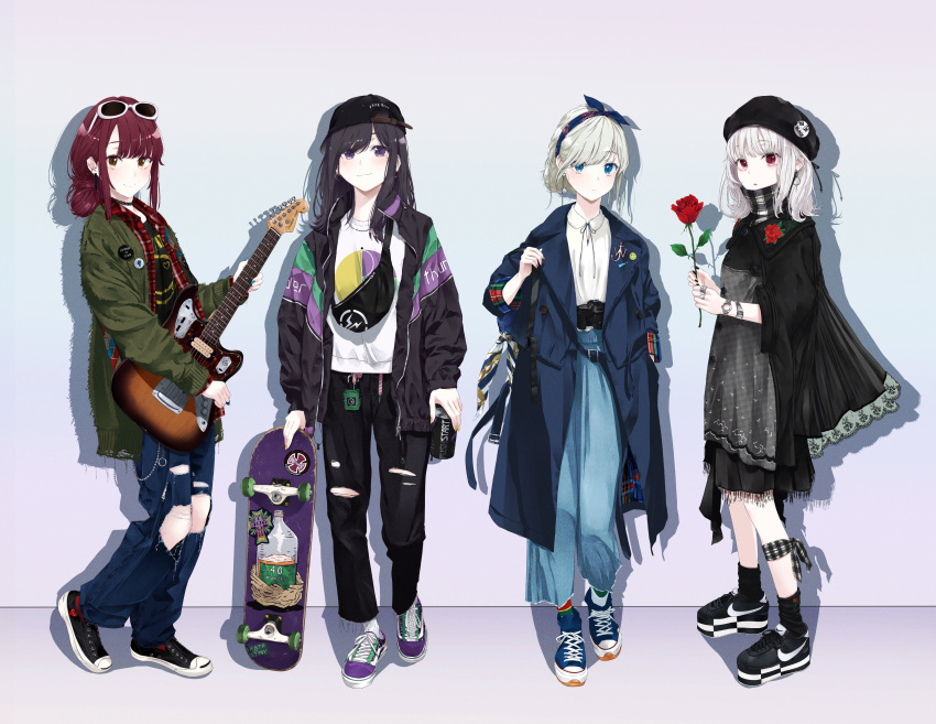 1girl 4girls :o absurdres backwards_hat badge bag bangs baseball_cap belt belt_buckle beret black_clothes black_dress black_hair black_headwear black_legwear black_pants blue_eyes blush bow bracelet brown_eyes brown_hair buckle buttons camera can chain checkered checkered_shirt chobe_2 choker cloak closed_mouth clothes_writing coat collar comme_des_garcons commentary commentary_request copyright_request denim dress ear_piercing earrings electric_guitar eyebrows_visible_through_hair eyewear_on_head flower fringe_trim from_side frown full_body grey_background grunge_(genre) guitar hair_bun hairband hand_in_pocket hat highres holding holding_can holding_flower holding_instrument holding_strap hoop_earrings instrument jacket jeans jewelry long_hair long_sleeves looking_at_viewer mole mole_under_eye multiple_girls nail_polish necklace nike nirvana open_clothes open_jacket open_mouth original pants piercing plectrum purple_footwear red_eyes red_flower red_legwear ring rose shadow shirt shoelaces shoes sidelocks simple_background skateboard smile sneakers soda_can solo standing strap sunglasses t-shirt torn_clothes torn_pants unzipped violet_eyes watch white_background white_hair white_shirt wide_sleeves yellow_nails zipper_pull_tab