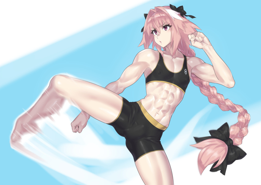 1boy abs absurdres astolfo_(fate) bike_shorts black_bow black_ribbon bow braid fate/apocrypha fate_(series) fighting_stance flying_kick hair_intakes high_kick highres kicking leg_up long_braid long_hair male_focus mizuumi_(bb) multicolored_hair open_mouth otoko_no_ko pink_hair ribbon single_braid solo standing standing_on_one_leg streaked_hair training violet_eyes white_hair