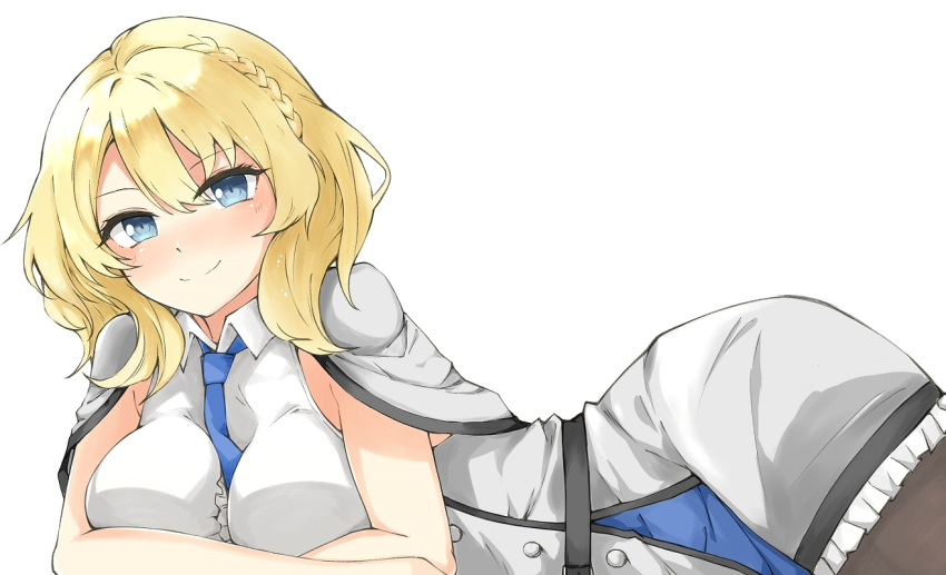 1girl black_legwear blonde_hair blue_eyes blue_neckwear breasts capelet colorado_(kantai_collection) dress grey_dress kantai_collection kuon_(shahonoo) large_breasts looking_at_viewer necktie pantyhose short_hair simple_background smile solo white_background