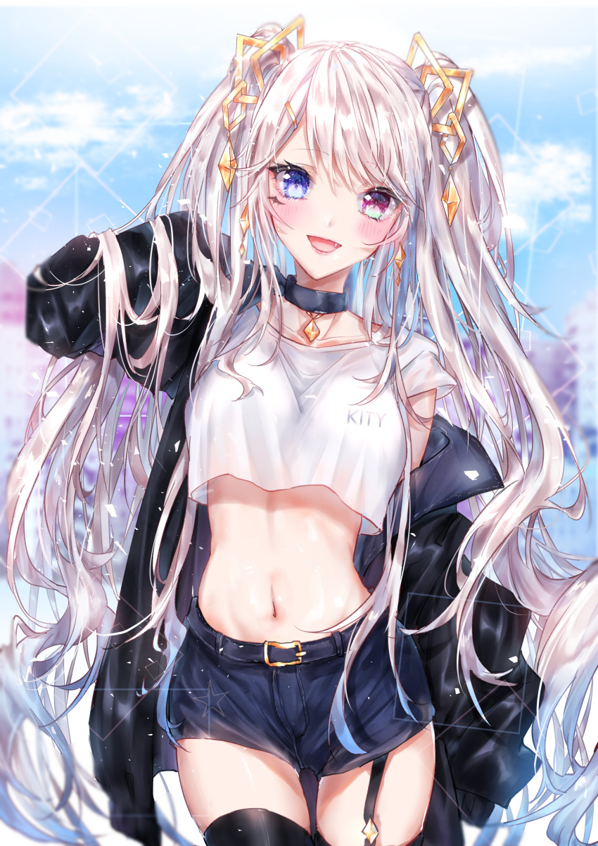 1girl :d absurdres adjusting_hair arm_up bangs belt black_legwear blue_eyes breasts choker clouds crop_top denim denim_shorts earrings facial_mark fang garter_straps hair_between_eyes hair_ornament heterochromia highres jacket jewelry kity1211_tetsu long_hair looking_at_viewer medium_breasts navel off_shoulder open_clothes open_jacket open_mouth original outdoors red_eyes short_shorts shorts silver_hair sky smile solo standing stomach symbol_commentary thigh-highs thigh_gap twintails very_long_hair