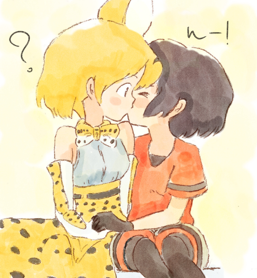 2girls ? animal_ears animal_print bare_shoulders belt black_gloves black_hair black_legwear blonde_hair blush_stickers bow bowtie closed_eyes couple elbow_gloves expressionless extra_ears facing_another from_side gloves high-waist_skirt highres holding_hands kaban_(kemono_friends) kemono_friends kiss looking_at_another multiple_girls no_headwear print_bow print_gloves print_skirt profile red_shirt serval_(kemono_friends) serval_ears serval_print shirt short_hair short_sleeves shorts sitting skirt sleeveless sleeveless_shirt tareme traditional_media white_shirt yuki_yukki12 yuri