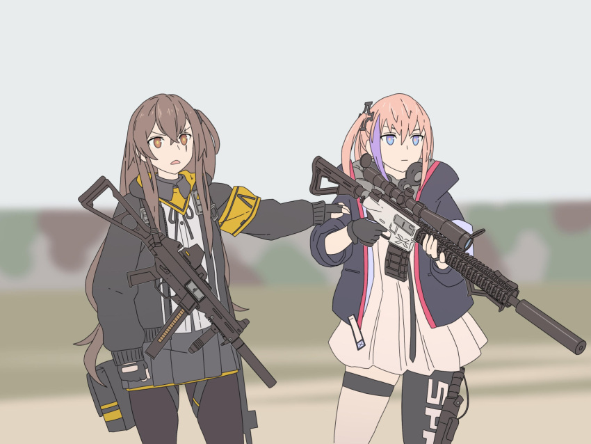 2girls acog ar-15 armband asymmetrical_legwear commentary fingerless_gloves girls_frontline gloves gun h&amp;k_ump headphones headphones_around_neck jacket multiple_girls pantyhose rifle scar scar_across_eye scope skirt st_ar-15_(girls_frontline) submachine_gun suppressor tab_(tabkun) ump45_(girls_frontline) weapon