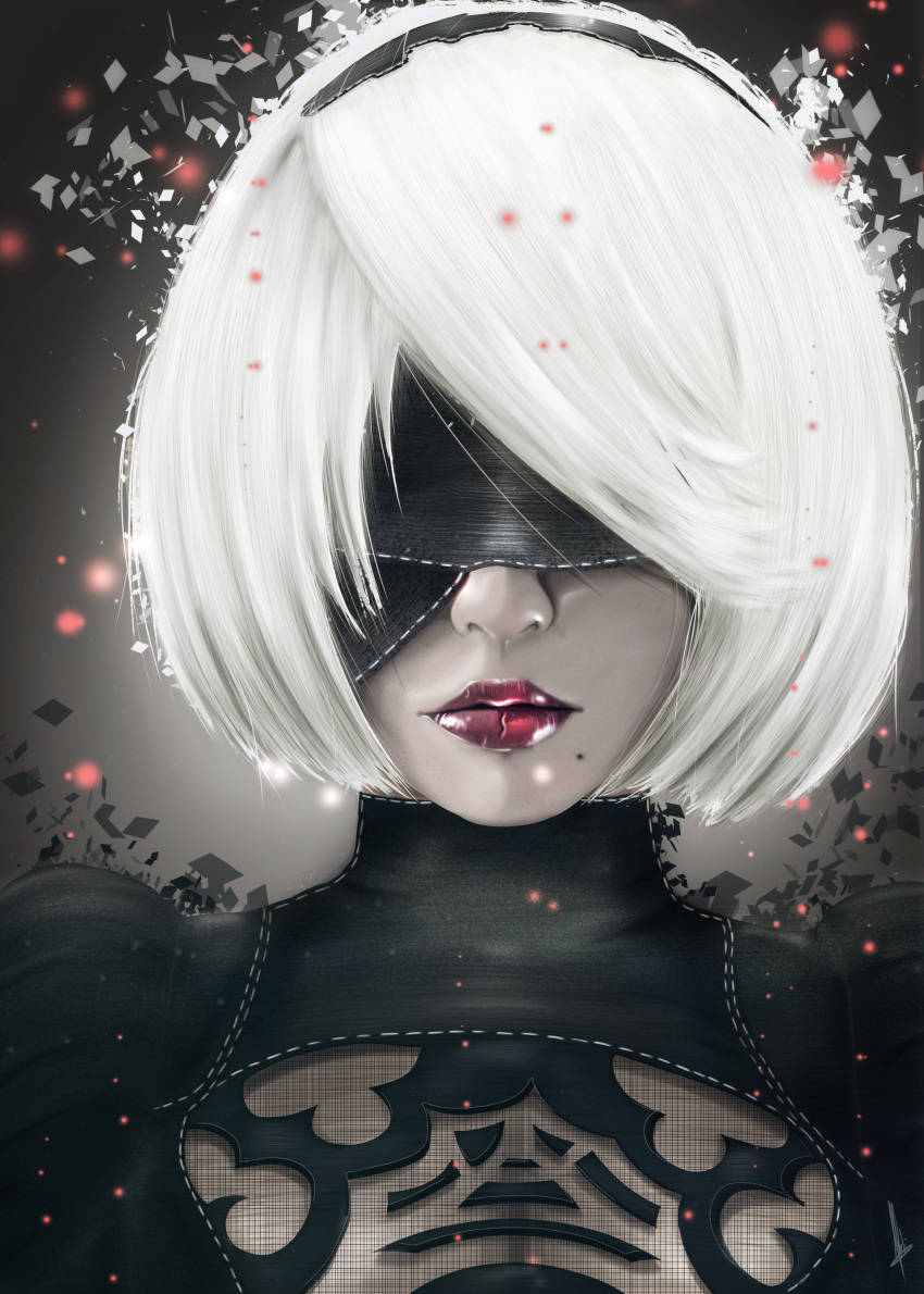 1girl absurdres android bangs black_blindfold black_dress black_hairband blindfold breasts cleavage_cutout dress hairband highres light_particles lips medium_breasts mmprod mole mole_under_mouth nier_(series) nier_automata portrait puffy_sleeves realistic red_lips short_hair sidelocks solo upper_body yorha_no._2_type_b