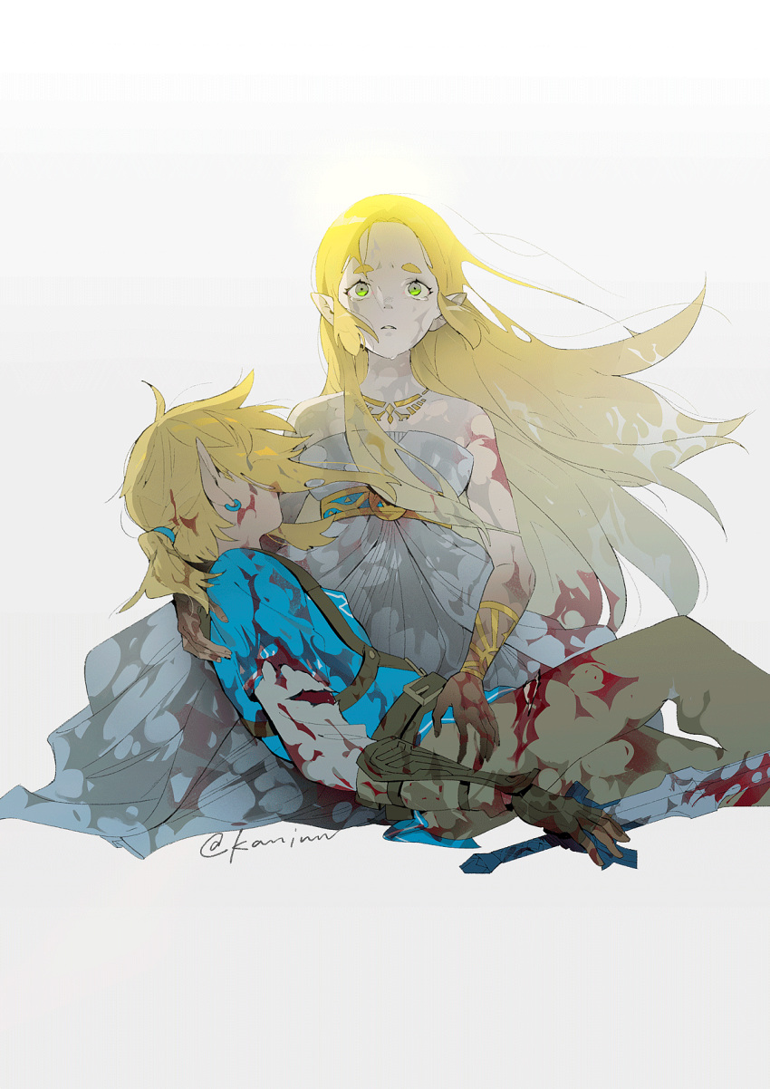 1boy 1girl arm_guards bare_shoulders blonde_hair blood blood_on_face bloody_clothes bloody_hands blue_shirt dirty_clothes dress earrings fingerless_gloves gloves green_eyes highres jewelry kaninn link long_hair lying_on_person master_sword necklace pants parted_lips pointy_ears princess_zelda shirt short_hair short_ponytail sleeveless straight_hair the_legend_of_zelda the_legend_of_zelda:_breath_of_the_wild torn_clothes twitter_username white_dress wind