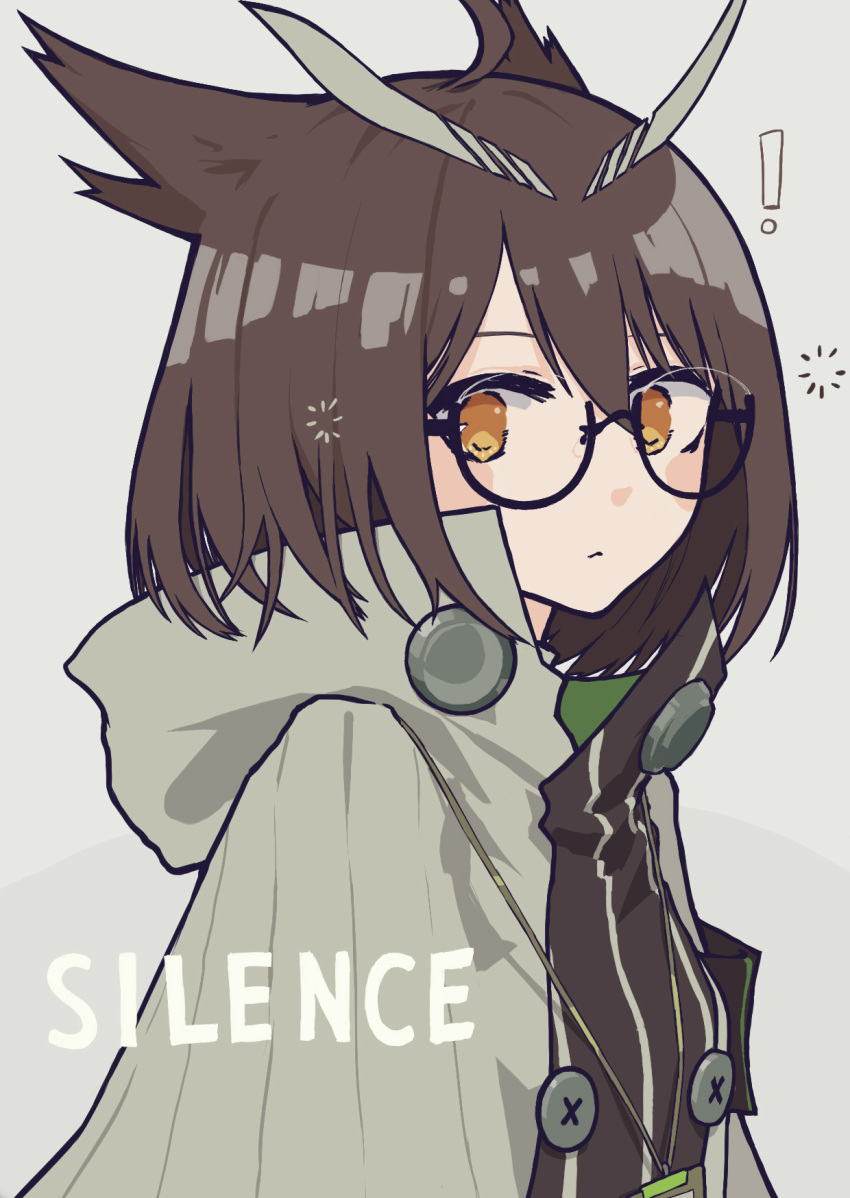 ! 1girl ahoge arknights bangs black-framed_eyewear bob_cut brown_hair brown_sweater buttons cape card closed_mouth commentary double-breasted grey_background grey_cape hair_flaps highres jewelry looking_at_viewer necklace owl_ears papaia_(quentingqoo) semi-rimless_eyewear short_hair silent_(arknights) solo string sweater under-rim_eyewear upper_body yellow_eyes