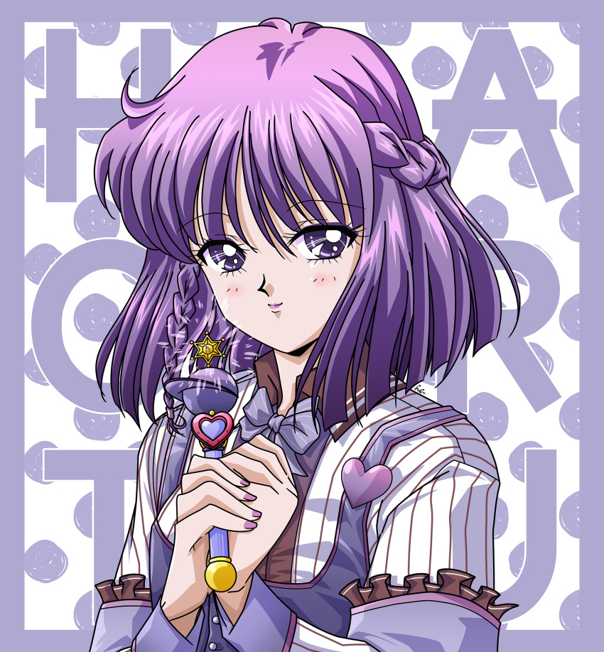1girl absurdres bishoujo_senshi_sailor_moon border bow bowtie braid character_name closed_mouth fingernails gradient_hair half_updo highres holding holding_wand looking_at_viewer multicolored_hair purple_border purple_bow purple_hair purple_nails purple_theme riccardo_bacci saturn_symbol shirt short_hair smile solo tomoe_hotaru upper_body violet_eyes wand