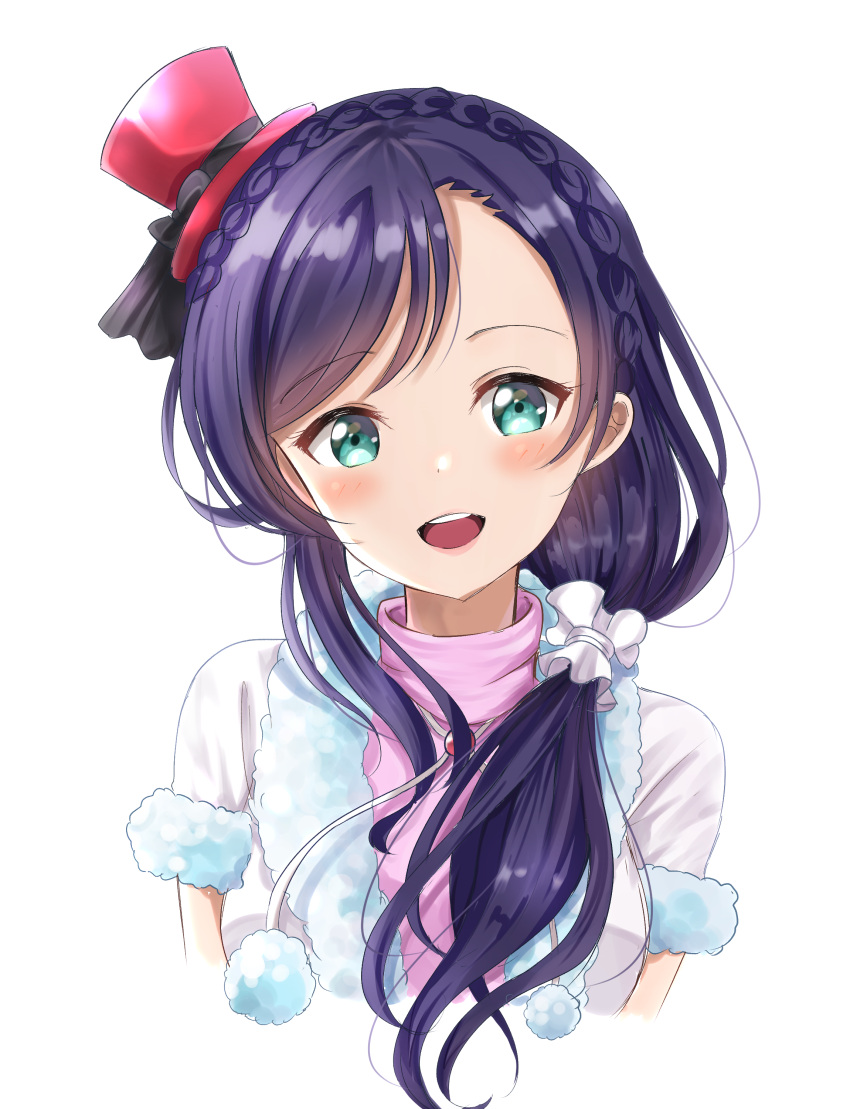 1girl :d absurdres bangs black_bow blush bow braid commentary_request cropped_torso crown_braid eyebrows_visible_through_hair fur-trimmed_jacket fur-trimmed_sleeves fur_trim green_eyes hair_ornament hair_scrunchie hat head_tilt highres jacket long_hair looking_at_viewer love_live! love_live!_school_idol_project mini_hat mini_top_hat open_clothes open_jacket open_mouth pink_shirt purple_hair red_headwear round_teeth scrunchie shirt short_sleeves simple_background sin_(sin52y) smile snow_halation solo swept_bangs teeth tilted_headwear top_hat toujou_nozomi upper_body upper_teeth white_background white_jacket white_scrunchie