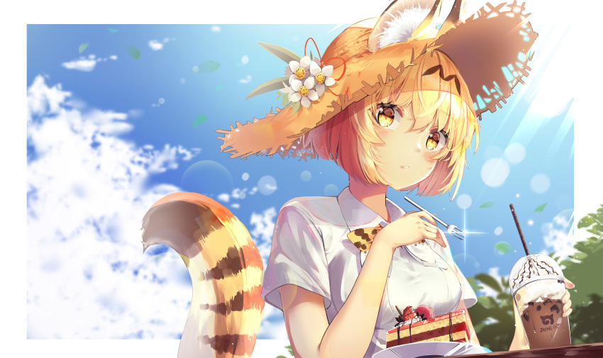 1girl :/ absurdres adapted_costume animal_ears animal_ears_(artist) bangs blonde_hair blue_sky bow bowtie cake clouds collared_shirt commentary_request day ears_through_headwear flower food food_request fork hair_between_eyes hat hat_flower highres japari_symbol kemono_friends lens_flare looking_at_viewer outdoors plate print_neckwear serval_(kemono_friends) serval_ears serval_print serval_tail shirt short_hair short_sleeves sky solo straw_hat sunlight tail white_shirt yellow_eyes