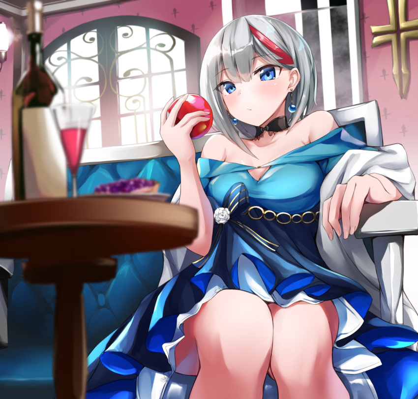 1girl admiral_graf_spee_(azur_lane) alcohol azur_lane bangs blue_eyes blunt_bangs choker cross cup dress drinking_glass earrings formal hayami_yoichi jewelry multicolored_hair redhead short_hair sidelocks silver_hair sitting solo streaked_hair table window wine wine_glass