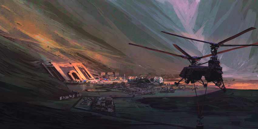 aircraft dark helicopter highres landscape original science_fiction valley