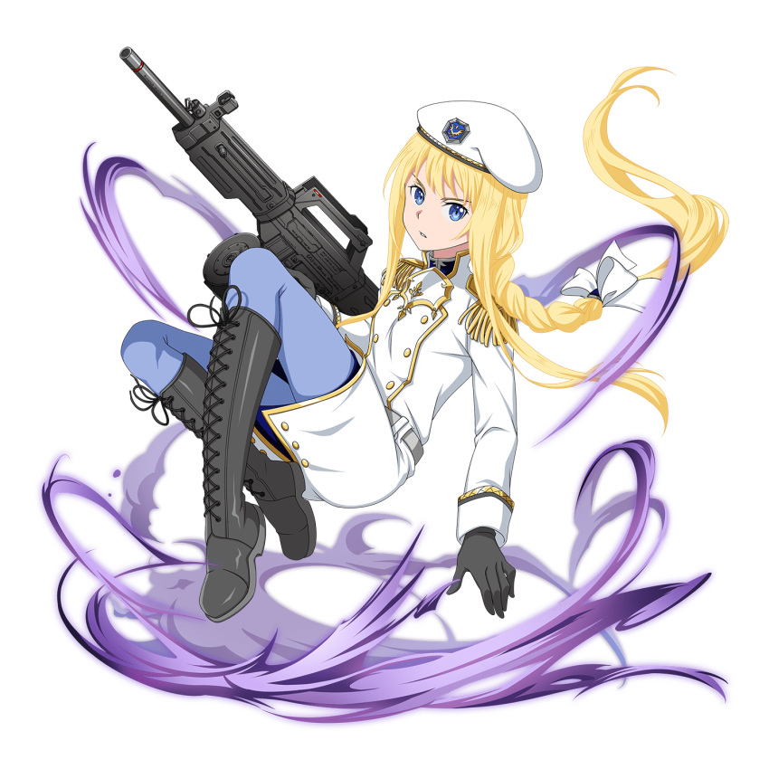 1girl alice_schuberg black_gloves blonde_hair blue_eyes blue_pants boots bow braided_ponytail floating_hair full_body gloves grey_footwear gun hair_bow hat highres holding holding_gun holding_weapon knee_boots long_hair long_sleeves military_coat military_hat official_alternate_costume pants parted_lips ponytail rifle shiny_footwear solo sword_art_online transparent_background very_long_hair weapon white_bow white_coat white_headwear