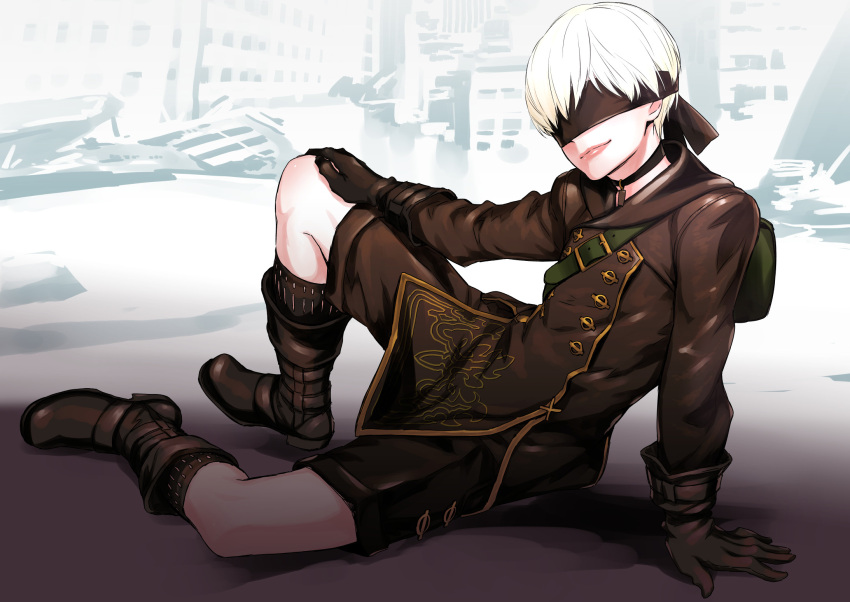 1boy arm_support bangs black_blindfold black_choker black_gloves black_jacket black_legwear black_shorts blindfold buttons choker city covered_eyes double-breasted fetishist full_body gloves gold_trim hair_over_eyes hand_on_own_knee highres jacket kneehighs leg_up male_focus nier_(series) nier_automata outdoors pink_lips pouch ruins shorts sitting smile solo spread_legs white_hair yorha_no._9_type_s