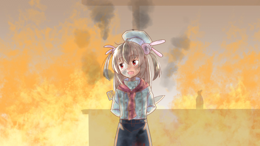 1girl alternate_costume arms_behind_back blush brown_hair chef_hat chef_uniform commentary_request fang fire hat highres kitchen knife long_hair looking_away natori_sana open_mouth red_eyes sana_channel smoke solo spatula table virtual_youtuber