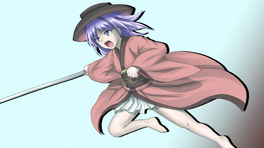 1girl barefoot blue_background blue_hair bowl bowl_hat clenched_hand commentary_request drop_shadow eyebrows_visible_through_hair folded_leg furrowed_eyebrows gradient gradient_background hat highres holding_needle japanese_clothes kimono looking_away looking_to_the_side needle obi open_mouth outstretched_arm outstretched_leg petticoat red_kimono sash short_hair simple_background solo sukuna_shinmyoumaru tatsu_toyoyo touhou upper_teeth