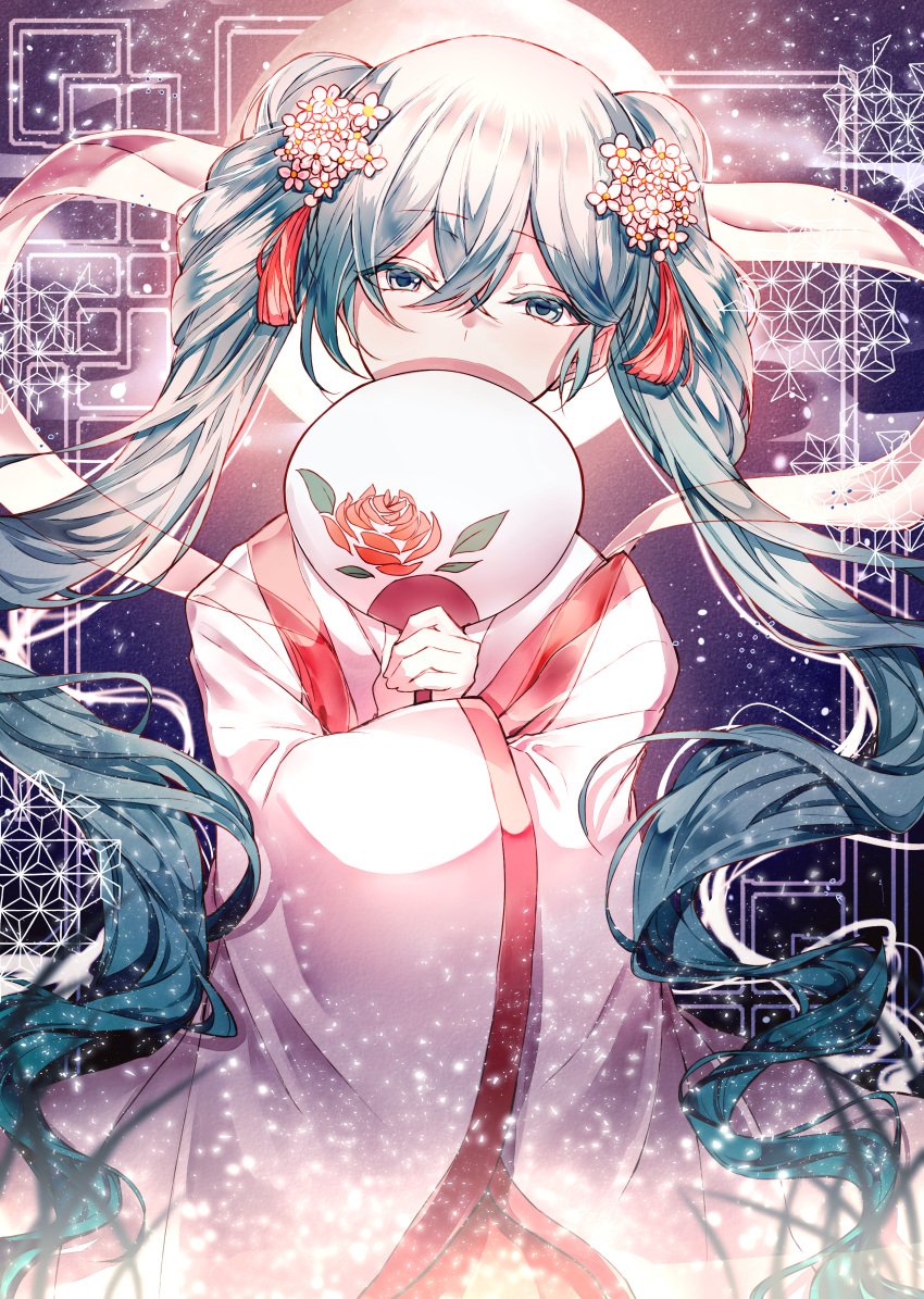 1girl absurdres aqua_eyes aqua_hair chinese_clothes chuushuu_meigetsu_miku commentary covering_mouth fan fan_over_face floral_print flower ggatip hagoromo hair_flower hair_ornament half-closed_eyes hatsune_miku highres huge_filesize long_hair looking_at_viewer moon night paper_fan rose shawl sky solo star_(sky) starry_sky tassel twintails uchiwa upper_body very_long_hair vocaloid wide_sleeves