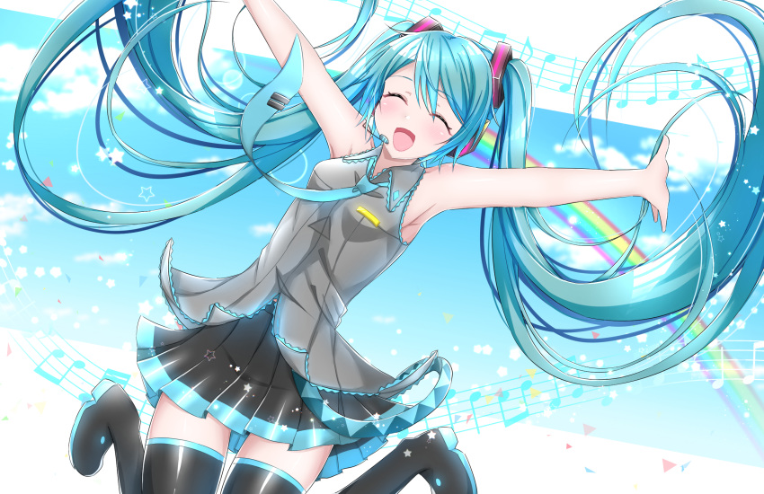1girl :d ^_^ aqua_hair aqua_neckwear armpits bare_shoulders beamed_eighth_notes beamed_sixteenth_notes belt black_skirt blue_sky blush closed_eyes clouds cloudy_sky commentary detached_sleeves eighth_note grey_shirt hair_ornament hatsune_miku headset highres jumping legs_up long_hair musical_note necktie open_mouth outstretched_arms quarter_note rainbow shirt skirt sky sleeveless sleeveless_shirt smile solo staff_(music) star supo01 thigh-highs twintails very_long_hair vocaloid zettai_ryouiki