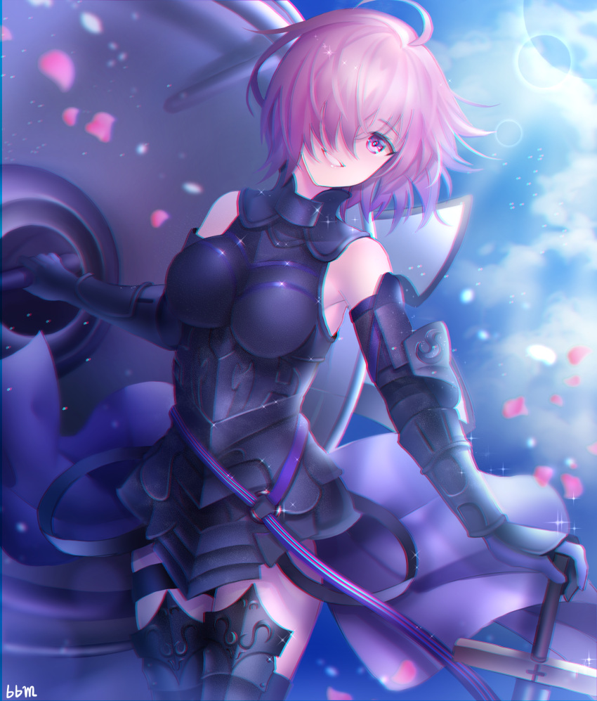 1girl armored_boots armored_leotard black_footwear black_leotard blue_blood_moon boots breasts breasts_apart cowboy_shot eyebrows_visible_through_hair fate/grand_order fate_(series) gloves grin hair_over_one_eye hand_on_hilt head_tilt highres holding_shield lens_flare leotard looking_at_viewer mash_kyrielight medium_breasts petals pink_hair purple_belt purple_gloves shield short_hair signature smile solo standing sword thigh-highs thigh_boots thigh_strap violet_eyes weapon