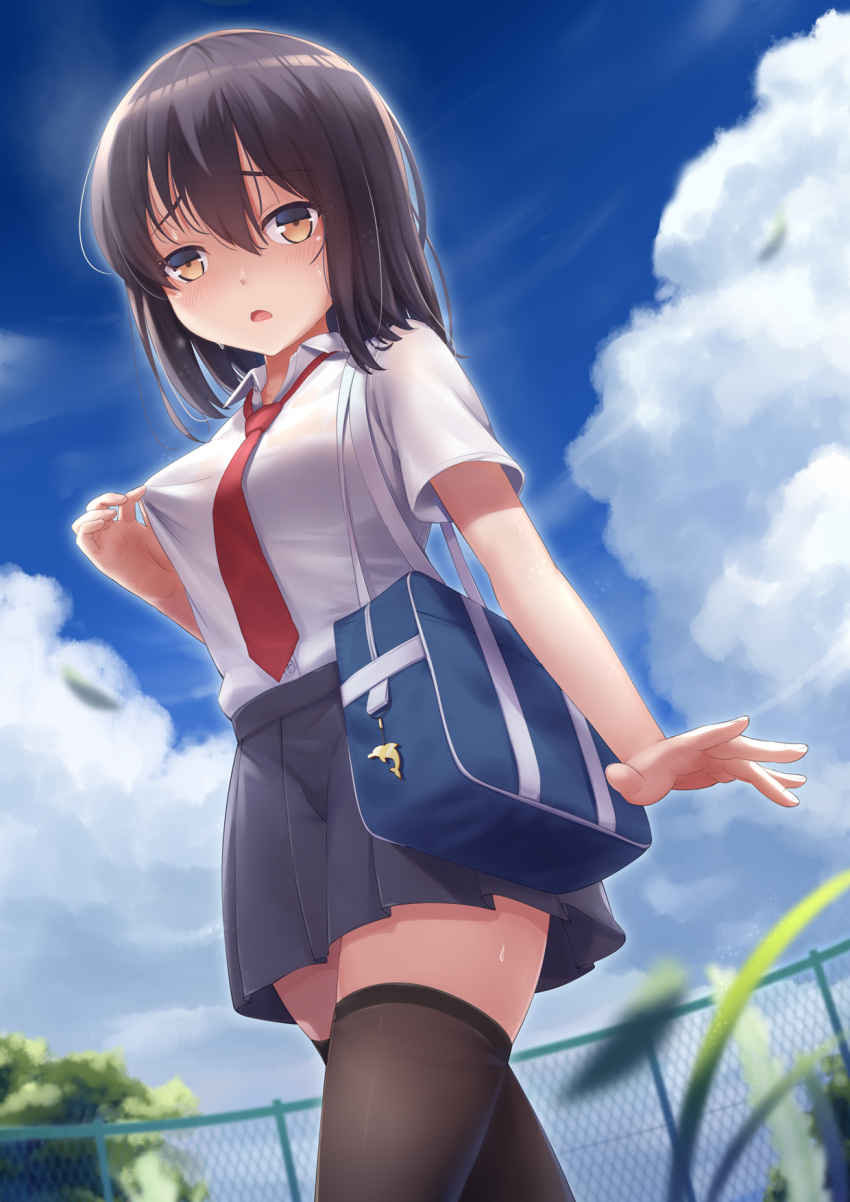 1girl bag bag_charm bangs blue_skirt blue_sky blurry blurry_background blurry_foreground blush breasts brown_eyes brown_hair brown_legwear chain-link_fence charm_(object) clouds cloudy_sky collared_shirt commentary_request day dress_shirt eyebrows_visible_through_hair fence fingernails hair_between_eyes highres looking_at_viewer necktie open_mouth original outdoors pleated_skirt red_neckwear school_bag school_uniform see-through shirt short_sleeves skirt sky small_breasts solo summer sweat thigh-highs too-ye white_shirt