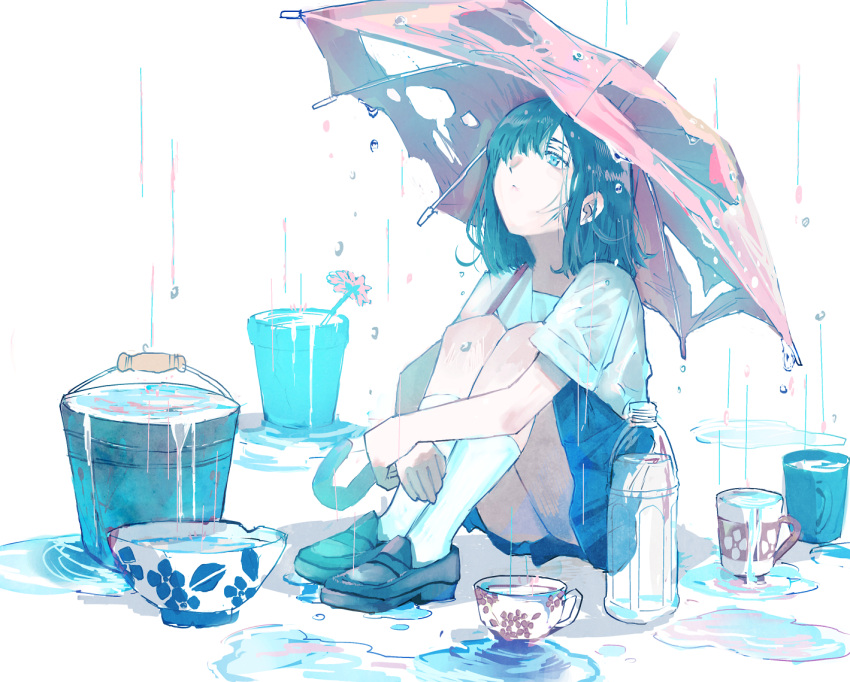 1girl bangs black_hair blue_eyes blue_skirt bottle bowl brown_footwear bucket commentary_request cup damaged flower full_body hair_over_one_eye kneehighs leg_hug loafers looking_away looking_up mug original plant pleated_skirt potted_plant puddle qooo003 rain red_flower red_umbrella sailor_collar school_uniform serafuku shirt shoes short_sleeves skirt solo torn_umbrella umbrella water water_bottle white_background white_legwear white_sailor_collar white_shirt