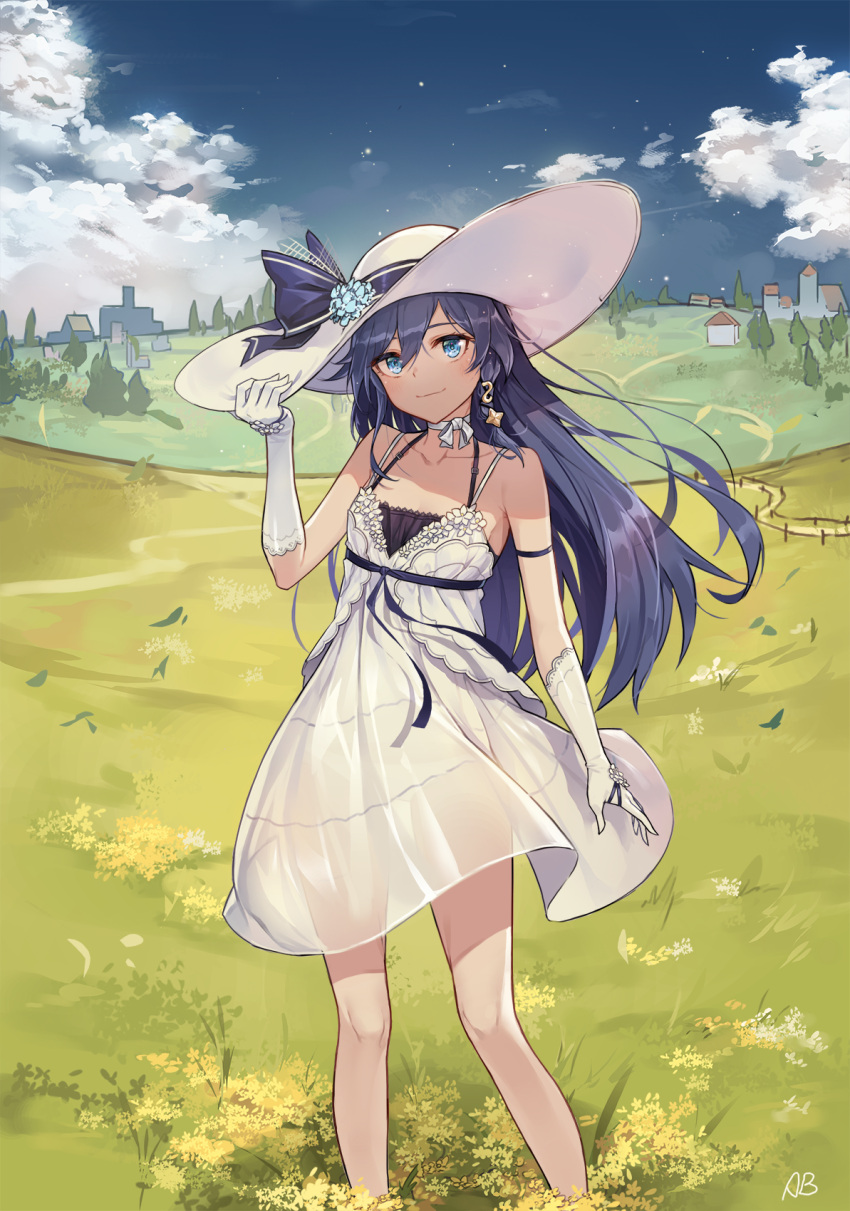 1girl aliceblue bare_legs bare_shoulders blue_eyes blue_hair blue_sky braid choker clouds collarbone commentary_request day dress fu_hua gloves grass hand_on_headwear hat highres honkai_(series) honkai_impact_3rd leaf leaves_in_wind long_hair looking_at_viewer outdoors plain signature sky sleeveless sleeveless_dress smile solo spaghetti_strap standing sun_hat sundress thighs very_long_hair white_choker white_dress white_gloves white_headwear