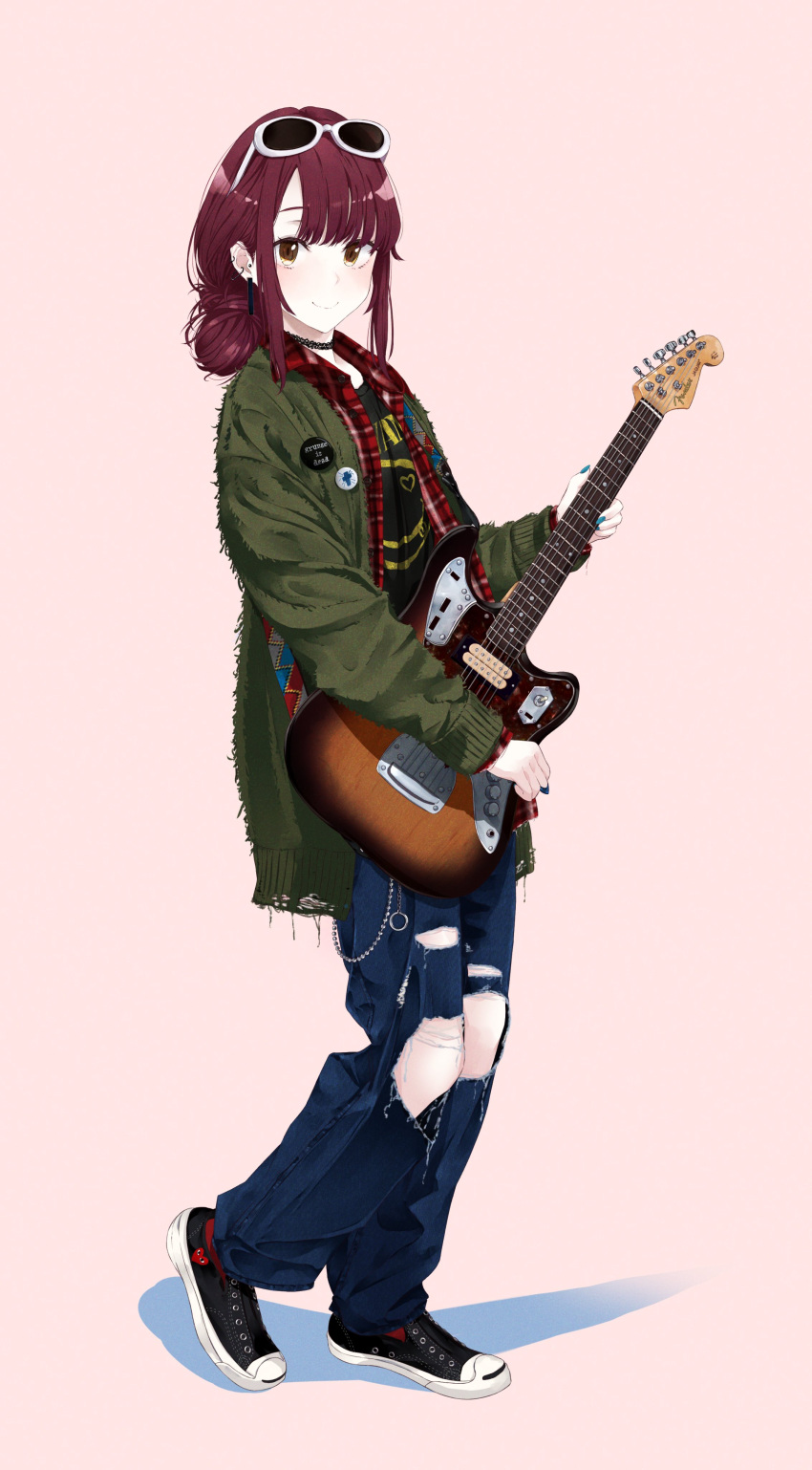 1girl absurdres badge bangs brown_eyes brown_hair buttons chain checkered checkered_shirt chobe_2 choker closed_mouth coat comme_des_garcons commentary denim ear_piercing earrings electric_guitar eyewear_on_head full_body grunge_(genre) guitar hair_bun highres holding holding_instrument instrument jeans jewelry long_sleeves looking_at_viewer nail_polish original pants piercing pink_background plectrum red_legwear shadow shirt shoes sidelocks simple_background smile sneakers solo standing strap sunglasses torn_clothes torn_pants