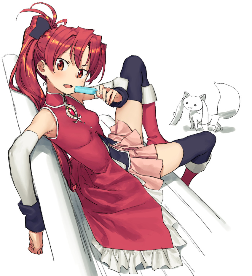 1girl 1other absurdres bare_shoulders bench black_legwear boots bow commentary_request detached_sleeves dress food hair_bow highres ikezawa_shin kyubey long_hair looking_to_the_side magical_girl mahou_shoujo_madoka_magica ponytail popsicle red_dress red_eyes redhead sakura_kyouko simple_background sitting thigh-highs white_background