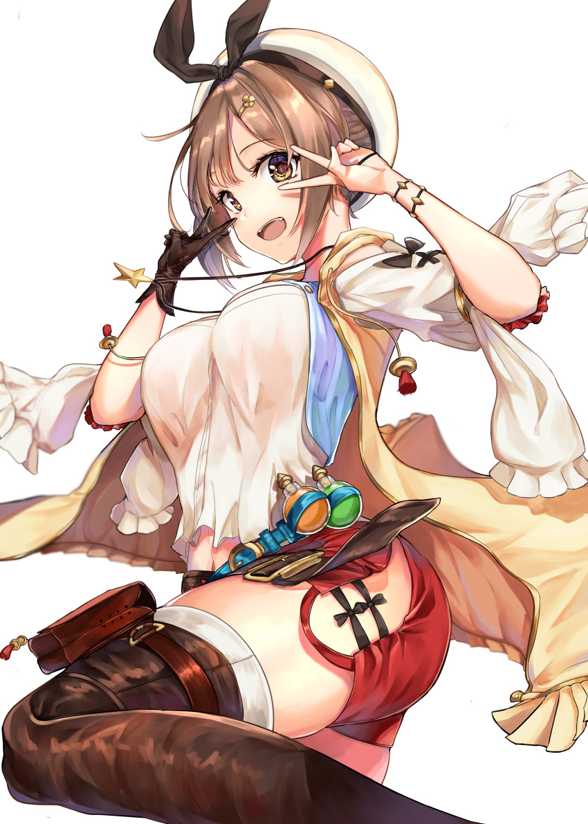 1girl :d absurdres atelier_(series) atelier_ryza belt black_gloves breasts brown_eyes brown_hair brown_legwear commentary_request double_v eyebrows_visible_through_hair gloves gu_luco hair_ornament hairclip hat highres looking_at_viewer medium_breasts open_mouth red_shorts reisalin_stout short_hair short_shorts shorts simple_background single_glove smile solo teeth thigh-highs thighs upper_teeth v white_background white_headwear