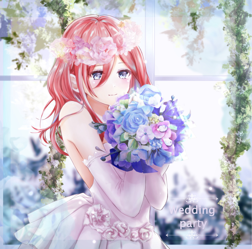 1girl blue_eyes blue_flower blue_rose bouquet closed_mouth detached_sleeves dress flower go-toubun_no_hanayome hair_between_eyes highres holding holding_bouquet long_hair long_sleeves nakano_miku pink_flower pink_hair purple_flower rose shiki_kayanotani sleeveless sleeveless_dress smile solo strapless strapless_dress upper_body wedding wedding_dress white_dress white_flower white_sleeves