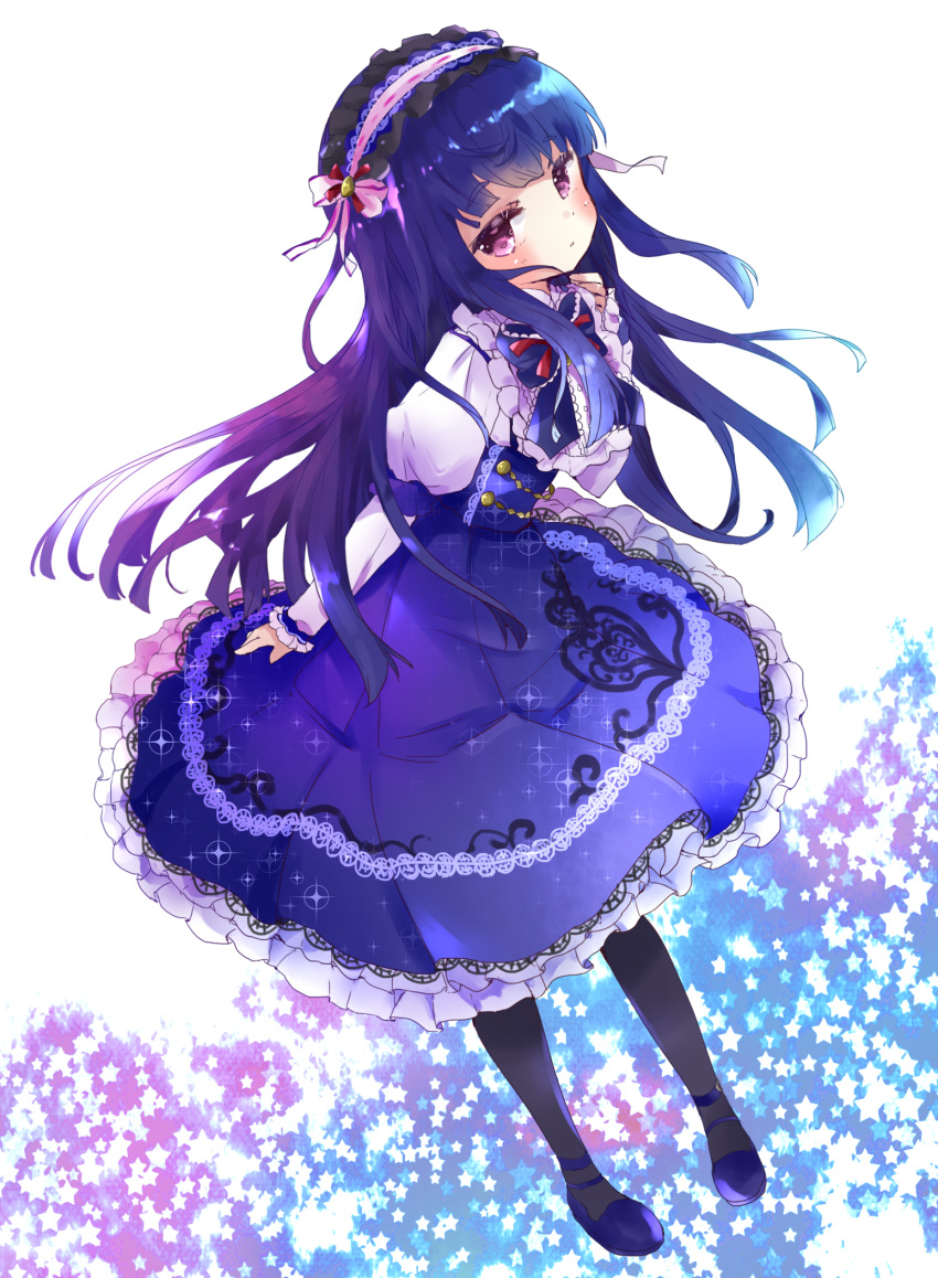 1girl black_legwear blush bow commentary flower frilled_hairband frilled_skirt frills full_body hairband high-waist_skirt highres idolmaster idolmaster_cinderella_girls juliet_sleeves long_hair long_sleeves looking_at_viewer pantyhose parted_lips pink_hairband puffy_sleeves purple_bow purple_flower purple_hair purple_skirt ribbon-trimmed_hairband ribbon_trim sajou_yukimi shirt shoes skirt solo star starry_background symbol_commentary tsukiyo_(skymint) very_long_hair violet_eyes white_background white_shirt